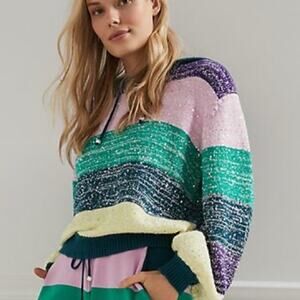 Olivia Rubin Suki  Bright Stripe Sequin Hooded Sweater L NWT $265